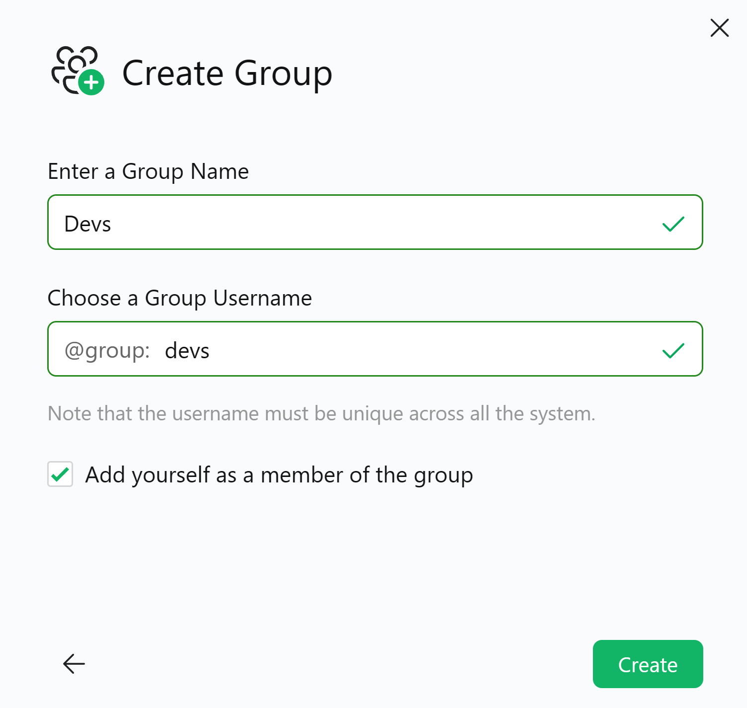 Create Group in DAX Optimizer - dialog box with Devs as a Group Name